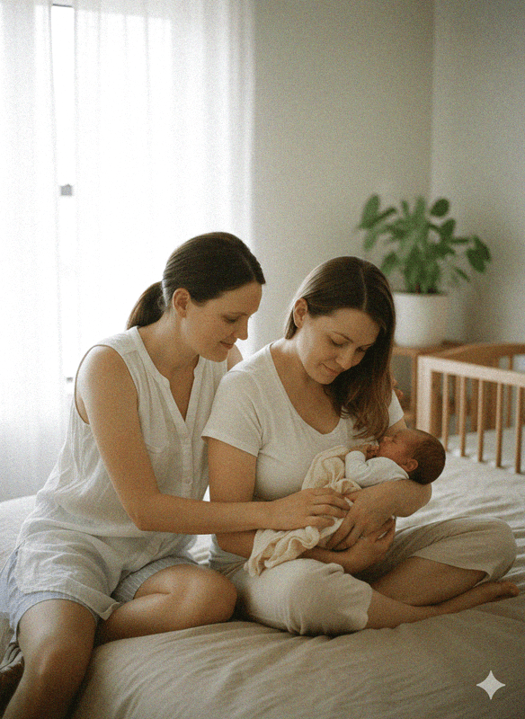 A doula supporting a mother and baby