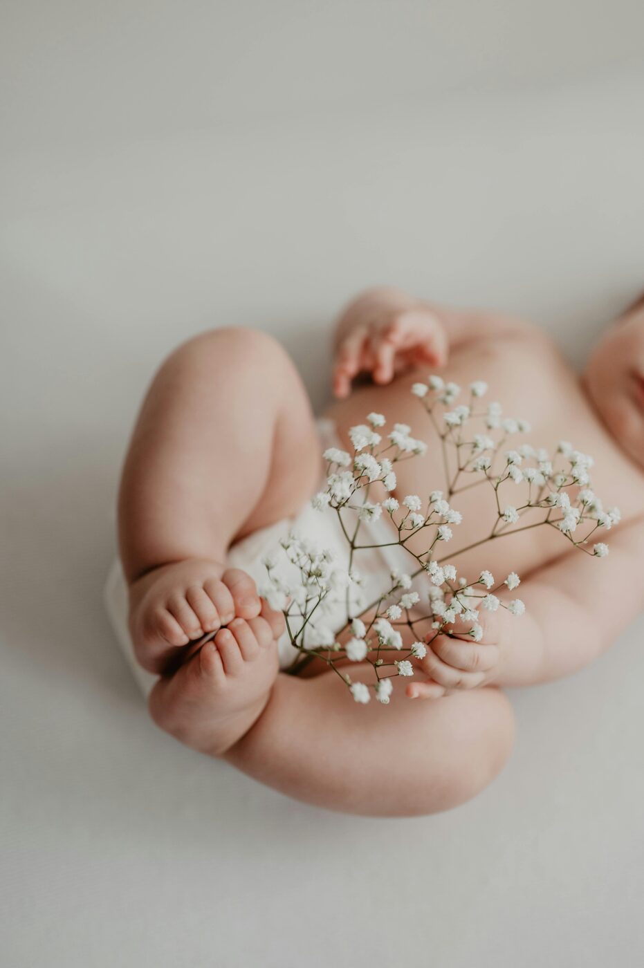 A newborn's feet cradled with sprigs of baby's breath